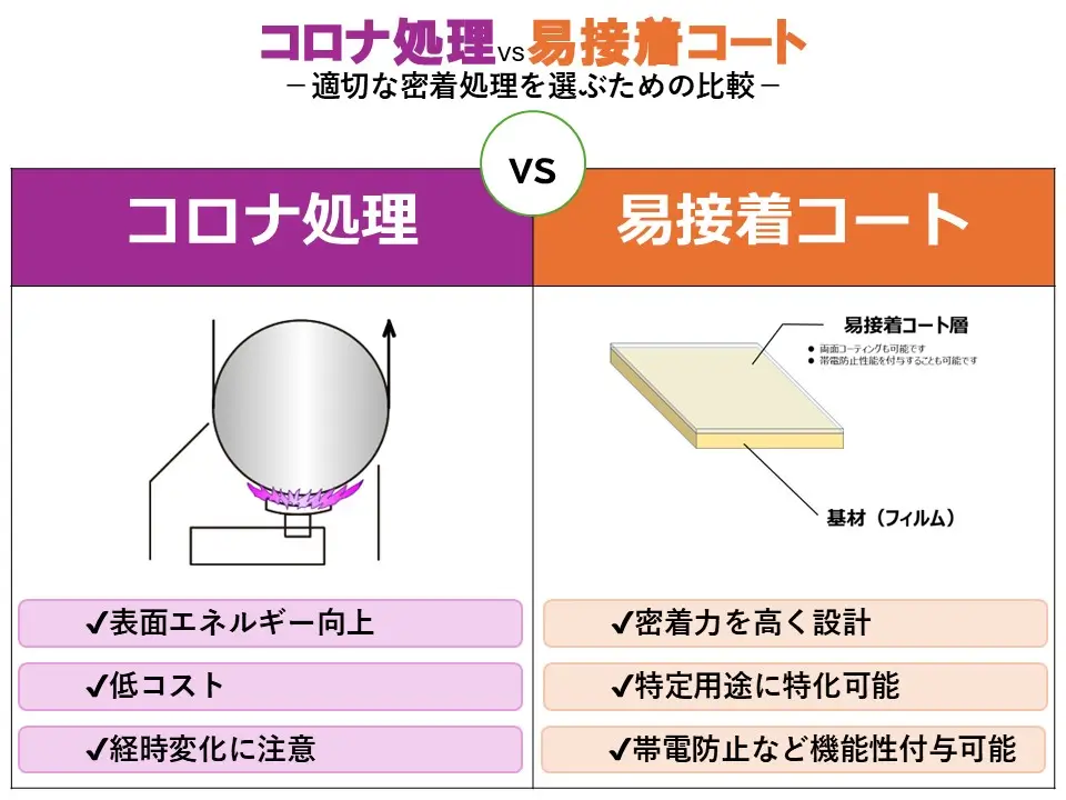 コロナ処理vs易接着コート、選ぶべきはどっち?プラスチックフィルムの密着向上対策を徹底比較